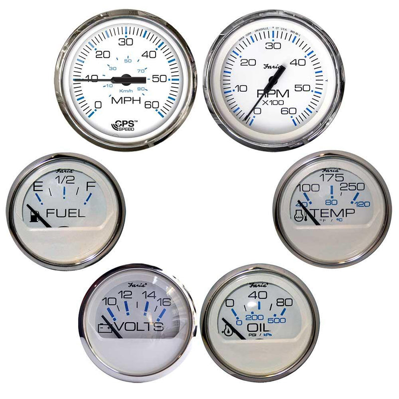 Faria Chesapeake White w/Stainless Steel Bezel Boxed Set of 6 - Speed, Tach, Fuel Level, Voltmeter, Water Temperature Oil PSI - Inboard Motors [KTF063] - Wholesaler Elite LLC