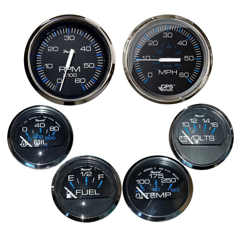 Faria Chesapeake Black w/Stainless Steel Bezel Boxed Set of 6 - Speed, Tach, Fuel Level, Voltmeter, Water Temperature Oil PSI - Inboard Motors [KTF064] - Wholesaler Elite LLC